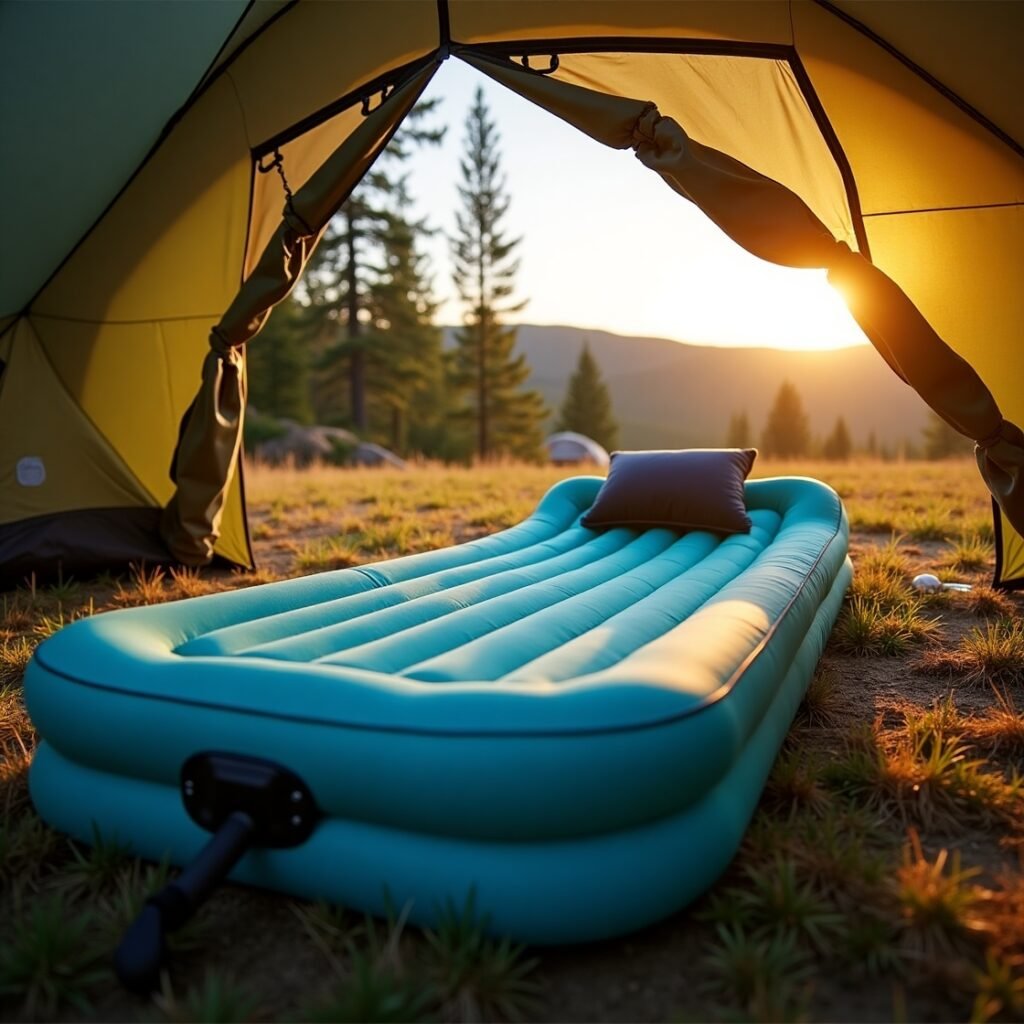 Flux_Dev_Inflated_air_mattress_set_up_outdoors_during_a_campin_3 Inflatable air mattress for camping and home use