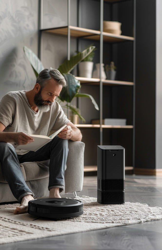 Modern air purifier for home in stylish living room setup.