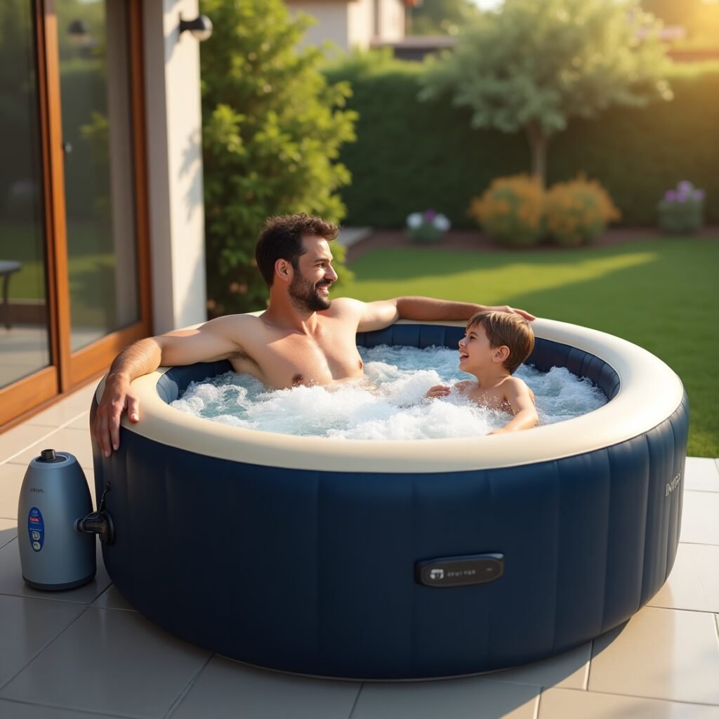 Father and son relaxing in an inflatable hot tub on a covered patio surrounded by greenery and natural light.