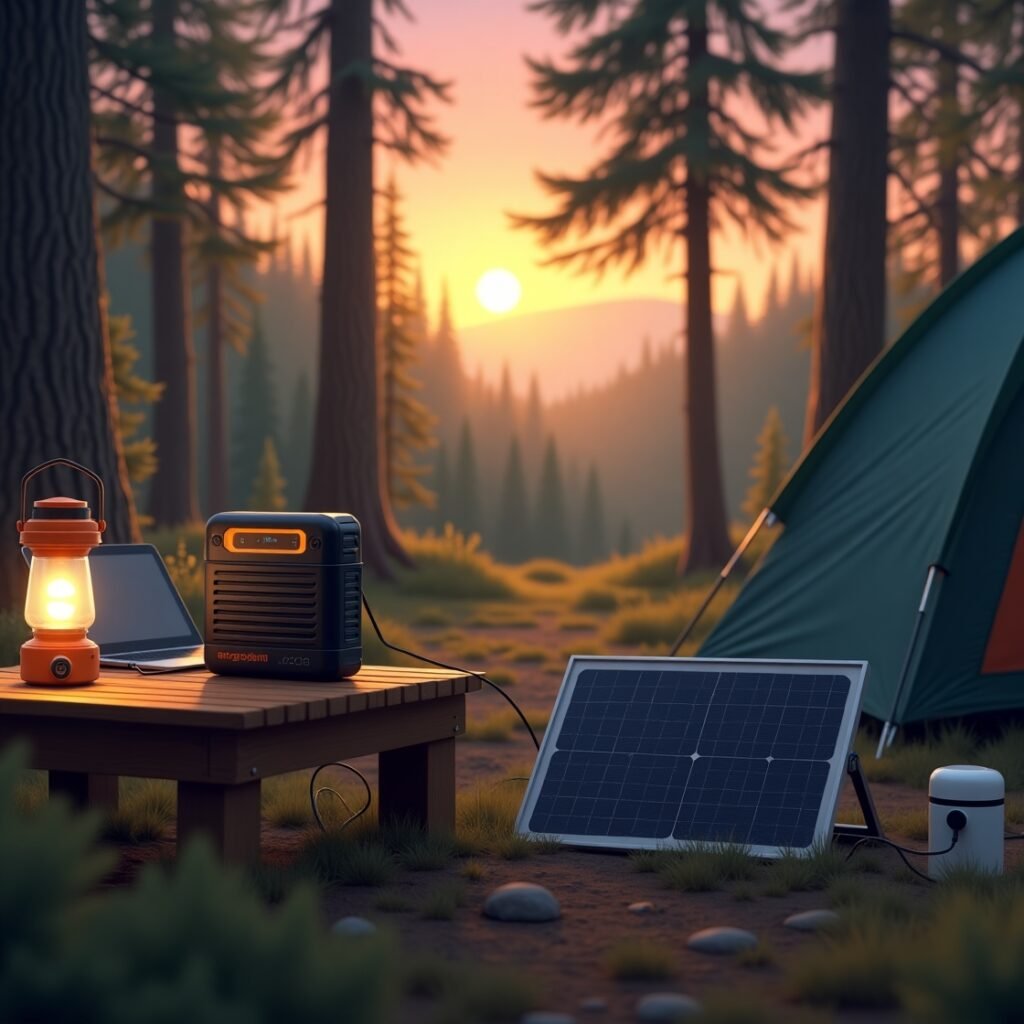 Jackery portable power station placed on a wooden table outdoors next to electronics and solar panel.