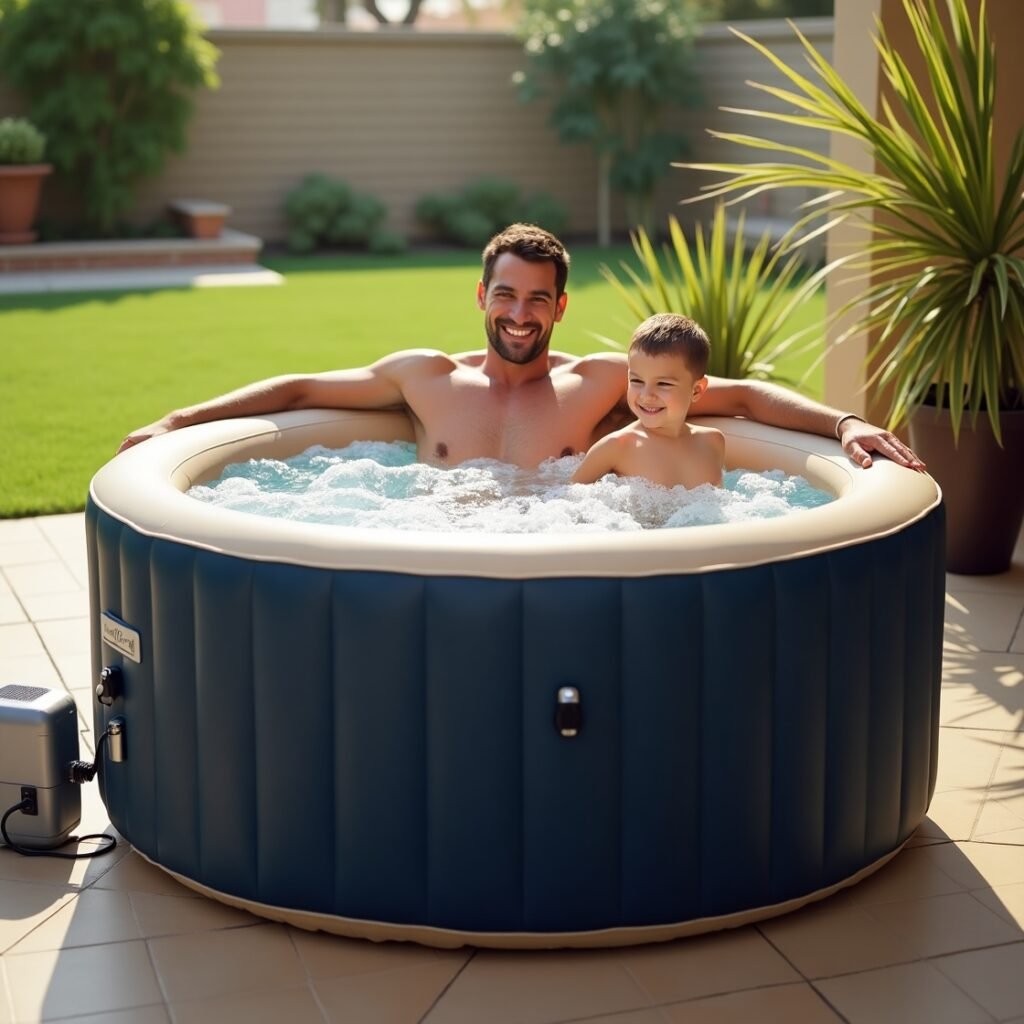 Father and son relaxing in an inflatable hot tub on a covered patio surrounded by greenery and natural light.