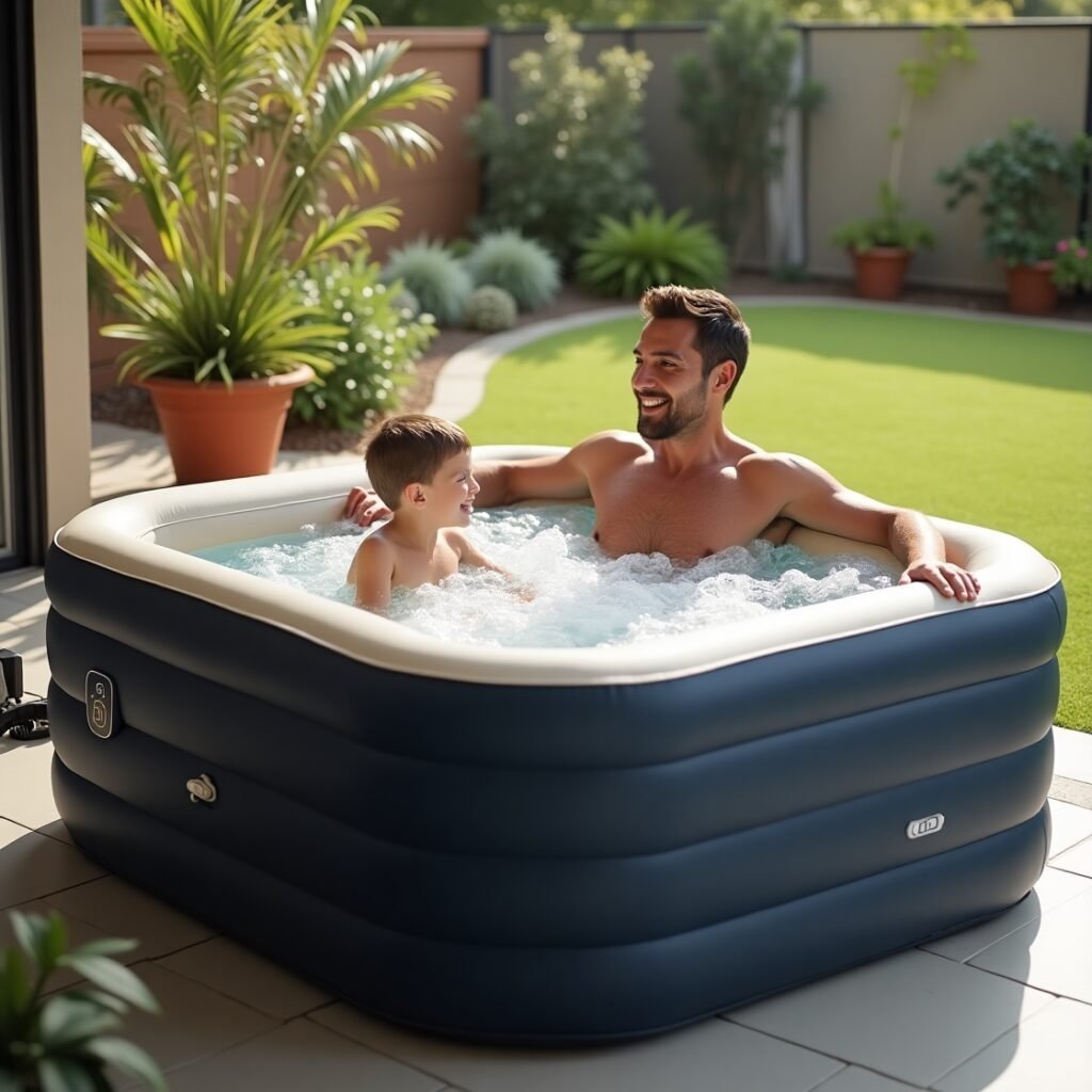 Father and son relaxing in an inflatable hot tub on a covered patio surrounded by greenery and natural light.